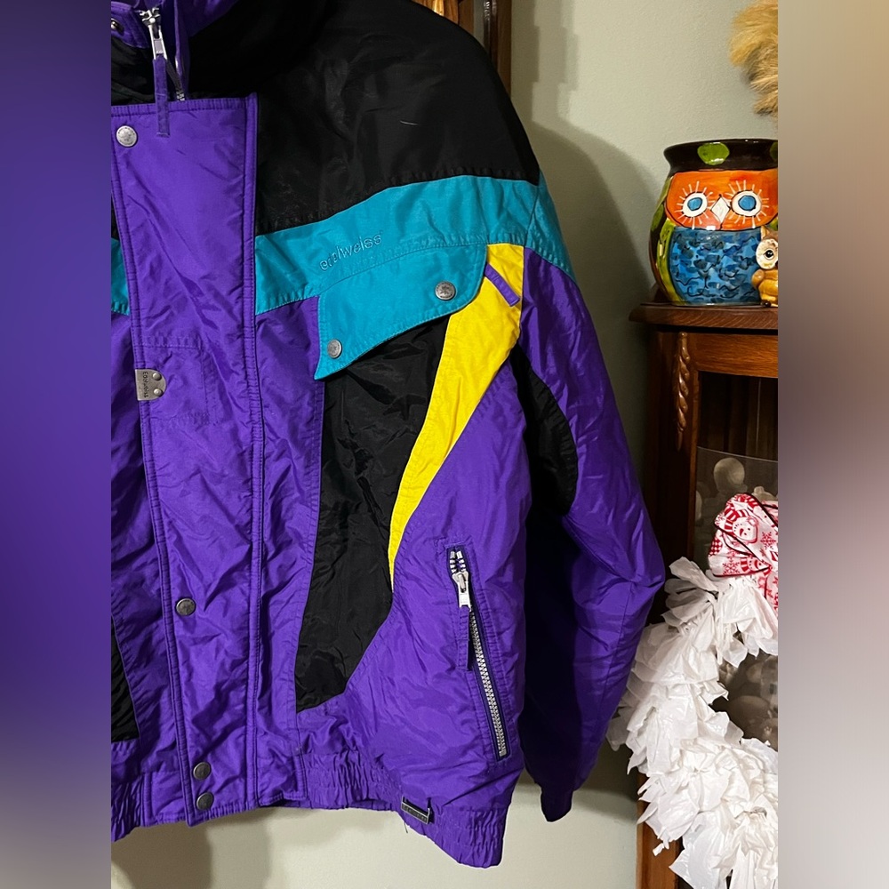 Vintage Edelweiss Skiwear Color Block Puffer Style Slopes Winter Snow Coat Large - Picture 7 of 11
